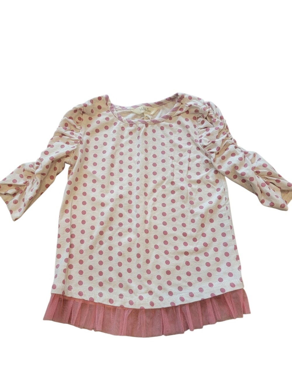 Matilda Jane Girls Pink White Polka Dot Tulle Hem Ruched Sleeve Tunic Top Size 4